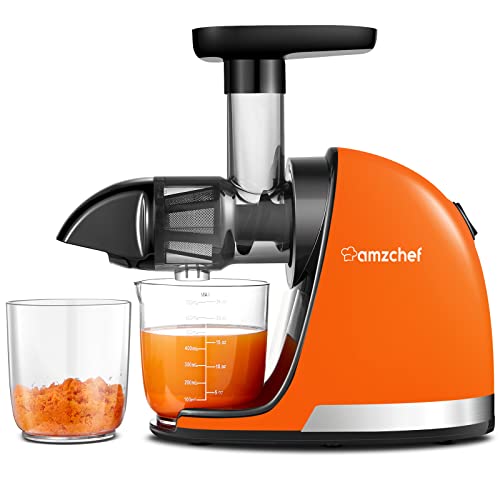 AMZCHEF Entsafter Gemüse und Obst Testsieger - Entsafter Slow Juicer mit Rückwärts-Kau-Funktion - Zartes Zerkleinern ohne Filtern - Saftpresse Elektrisch mit Bürste und 2 Tassen - Lebendiges Orange