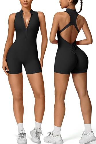 Vertvie Jumpsuit Damen kurz Scrunch Butt Bodysuit Ärmellose mit Reißverschluss Padded Eng Onesie Rückenfrei Sexy Stretch Ganzkörperanzug Einteiler Romper Workout Yoga Sport Sommer(Schwarz,XS)