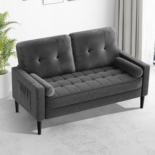 Aotumm Ciort 2 Sitzer Sofa, Kleine Sofa mit 2 Kissen und Armlehnen, Samt Sofa Mid-Century Moderne Couch, 2er Couch Loungesofa, Bequemes 2-Sitzer Sofa für Wohnzimmer, Wohnung, Schlafzimmer, Grau