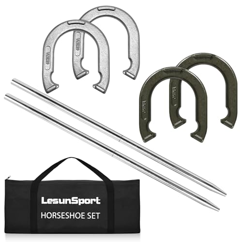LesunSport Robustes Hufeisen-Spiel-Set mit 4 Hufeisen aus geschmiedetem Stahl, 2 Stahlpfähle und 1 Tragetasche, Hufeisen-Spiel-Set in regulärer Größe für Rasen, Strand, Hinterhof