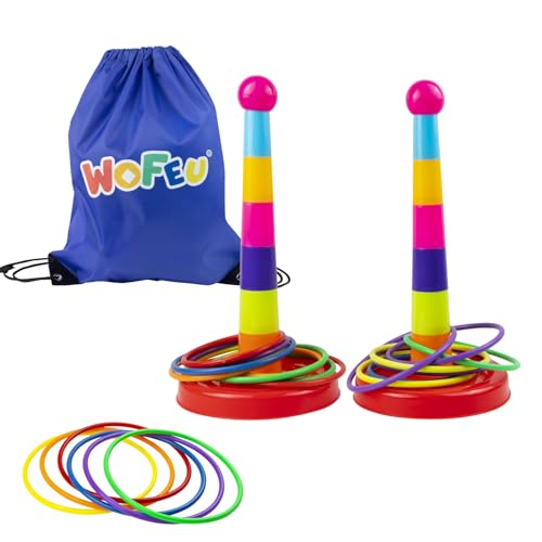 WOFEU Ringwurfspiel für Kinder mit 18 Wurfringen und Reisetasche, Buntes Wurf- und Aktivspielset, Gartenspiele Outdoor Spielgeräte für Kinder, Schnelles Aufstellen für drinnen und draußen