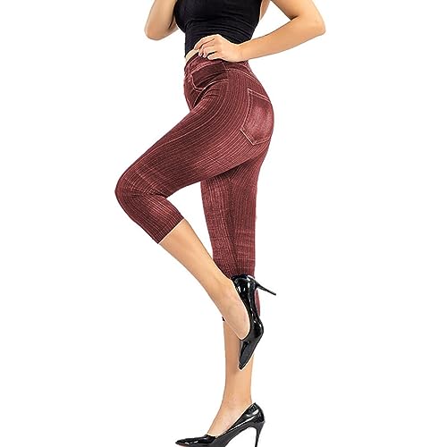 Lässige Hose für Damen, modische Hose, neue Taille, elastische Capri-Jeans, Leggings, hohe Leggins, Damen-Imitationshose, Freizeitkleid, rot, L