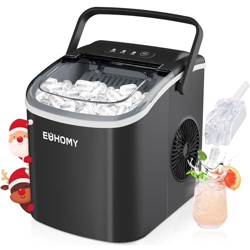 EUHOMY Eiswürfelmaschine Klein, 12KG Eiswürfelbereiter Ice Maker, 9 Würfel in 6 Minuten fertig, Schwarz Eiswürfelmaschine mit Tragbarem Griff, 12KG/24H, Selbstreinigendes Eiswürfelmaschinen