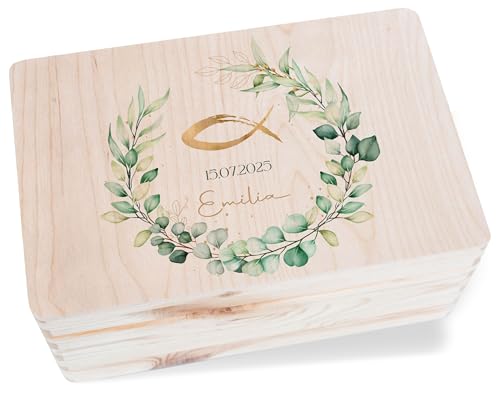 Holzkiste - Erinnerungsbox Kommunion Fisch Eukalyptuskranz | Kommunion Erinnerungsbox Personalisiert - 30 x 20 x 14 - Holz - firmung holzschachtel box zur erstkommunion taufe geschenkbox kiste