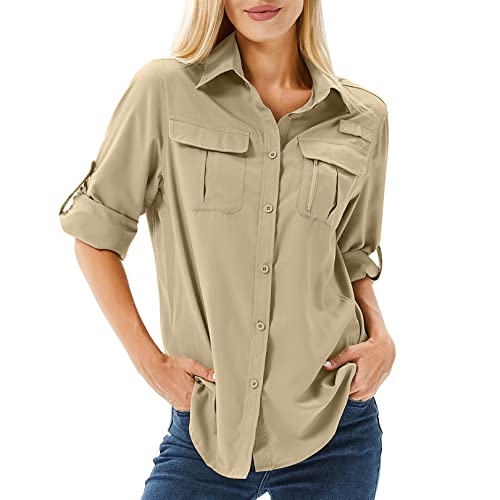 yeyity Hemd Damen UPF 50+ UV Schutz Langarmshirt Damen Outdoor Schnelltrocknend Sommer Shirts Safari Kleidung Wanderhemd Casual Button Down Tops(5071,Khaki,M)