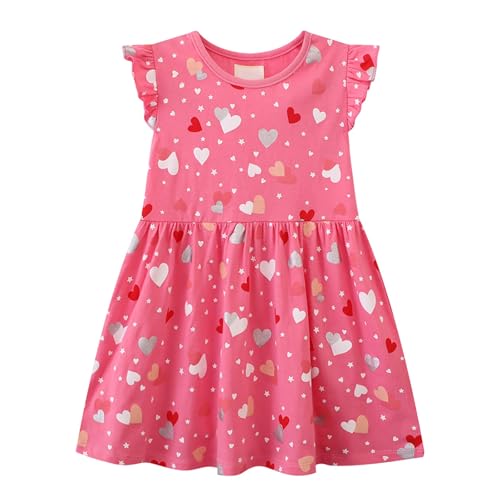 Mädchen Sommerkleid mit Herz Muster Sternen Druck Rüschenärmeln, Kinder Baumwollkleid A-Linie Freizeitkleid Rundhals für Alltag Party Geburtstag Niedlich Bequem Leicht Spielkleid