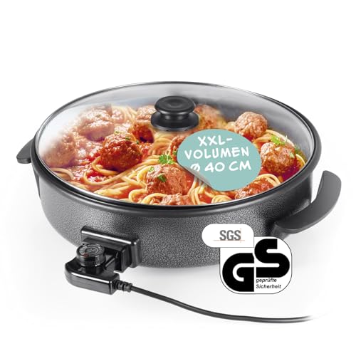 GOURMETmaxx Elektrische Multifunktionspfanne ⌀ 40cm | Mit Thermostat, Glasdeckel & Antihaftbeschichtung | XXL Volumen - optimal als Paellapfanne, Schmorpfanne & Wokpfanne | 1500W [Edelstahl]