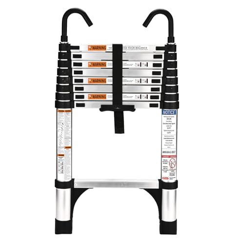 HBTower 2,6m Teleskopleiter Aluminium mit Haken, Leichte Ausziehleiter, Leiter Ausziehbar, klappbare Leiter für Dachböden, Caravans, 150kg Tragfähigkeit, Silber