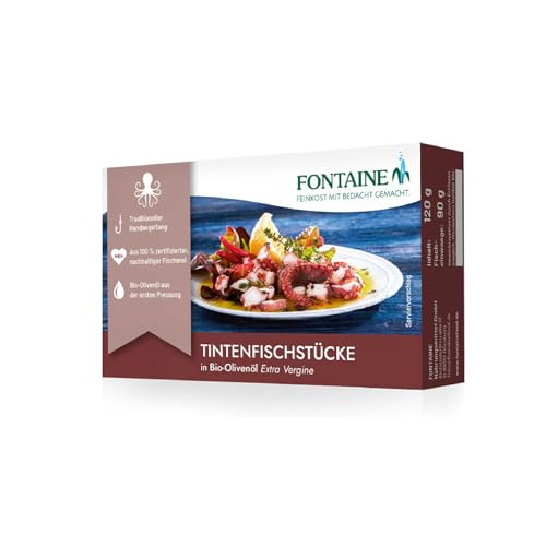 Fontaine - Tintenfischstücke in Bio-Olivenöl – 120 g – 5er Pack - Premium Tintenfisch in Olivenöl aus 100% zertifizierter, nachhaltiger Fischerei und kontrolliertem Anbau