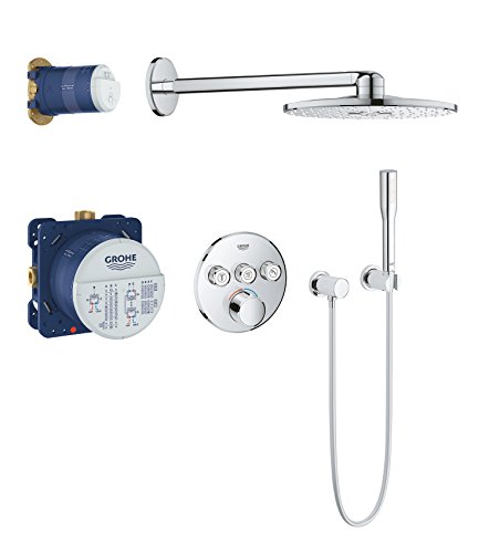 GROHE SmartControl Mixer - Duschsystem mit Mischer und Rainshower (Unterputzmischer mit 3 Absperrventilen, Fertigmontageset, Rainshower Wandanschlussbogen), rund, chrom, 34709000