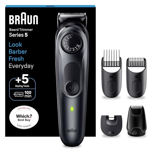 Braun Barttrimmer Series 5, Bartschneider und Trimmer für Herren, mit ultrascharfer Klinge, 40 Längeneinstellungen, Tasche, 100 Min. kabellose Laufzeit, BT5420