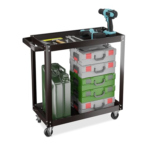 Relaxdays Werkstattwagen, Werkzeugwagen mit 2 Ebenen, mobiler Montagewagen, bis 100 kg, HxBxT: 76 x 78 x 35 cm, schwarz