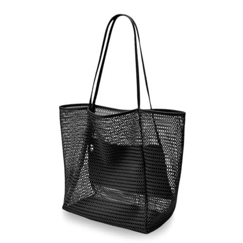 MorLuks Mesh Strandtasche Schwarz XXL, Beach Bag, Strandtasche mit Reißverschluss Innentasche, Strand Tasche Damen, Badetasche Groß, Faltbare Netztasche Handtaschen Strandbeutel