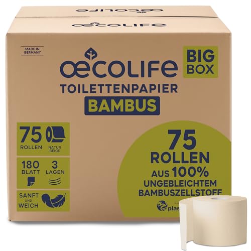 oecolife Toilettenpapier Box BAMBUS, 3-lagig, 75 Rollen á 180 Blatt, Großpackung, superweich, plastikfrei verpackt, veganes Produkt, nachhaltiges Klopapier