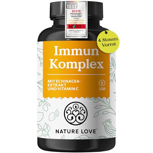 NATURE LOVE® Immun Komplex - 120 Kapseln - 4 Monate Reichweite - mit Echinacea-Extrakt, Vitamin C & D, Zink, Selen und Histidin - Immunsystem unterstützen* - hochdosiert, laborgeprüft aus Deutschland