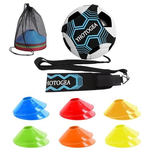 YHOTOGEA Fussball Trainingszubehör, Fussballtrainer und 12 Hütchen, Fußball Geschenke Jungen, Kinder und Erwachsene, Verstellbarem Taillengürtel für Bälle Größe 3/4/5 (Blau)