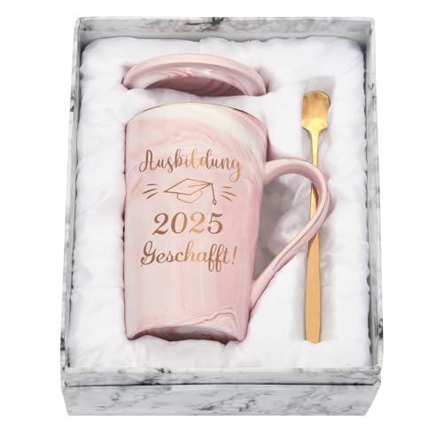 Diztoud Bestandene Prüfung Geschenk Kaffeetasse, Ausbildung Prüfung Bestanden Geschenk, Ausbildung 2025 Geschafft, Schulabschluss, 400ML Rosa Keramik Marmorbecher mit Deckel, Löffel und Geschenkbox