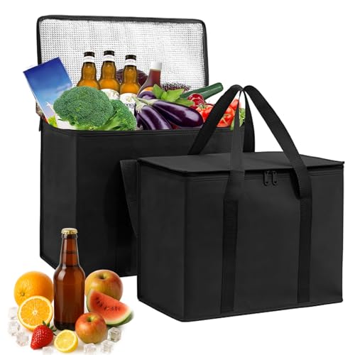 2 Stück Isolierte Kühltasche 43L Faltbar, Wiederverwendbar, Auslaufsicher & Wasserdicht Picknicktasche für Essen & Getränke, Outdoor Reisen, BBQ Camping; Thermobox mit Stabiler Verarbeitung(Schwarz)