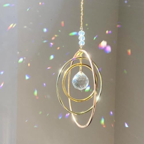 Kristall Sonnenfänger für Fenster – Regenbogen Sonnenfänger mit Glaskugel Prismen – Hängende Fensterdeko für Bezaubernde Lichtspiele mit 3 Messingkreisen – Kristalle für Wohnzimmer, Balkon & Garten