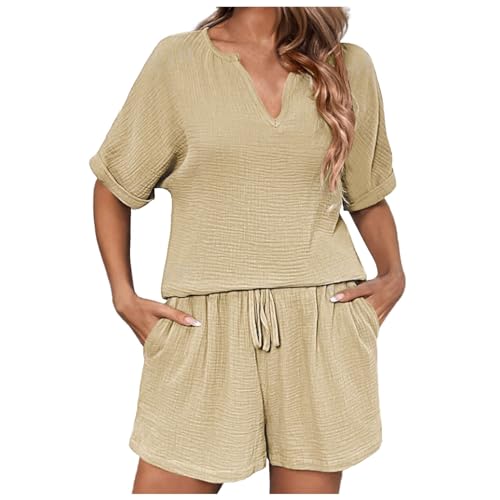 Frauen Sommer Einfarbig Langarm Shorts Konditionierung Mode Lässig Hause Service Zwei Stück Set Shorts Damen Damen Hausanzug Damen Sommer Hausanzug Damen Elegant Damen Jogginganzug Damen (Khaki, XL)