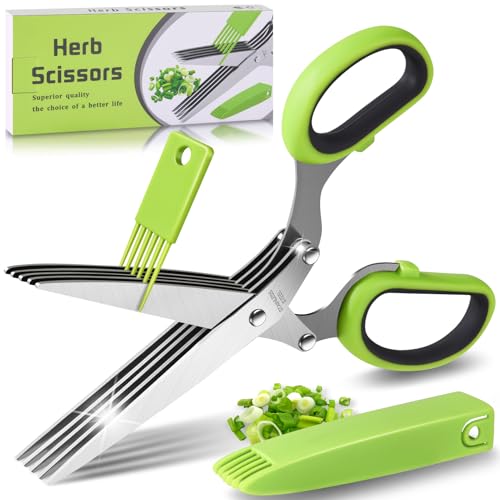 Kräuterscheren, Edelstahl Küchenschere 5 Klingen, Gewürzschere Schnittlauchschere Gemüseschere mit Sicherheitsabdeckung und Reinigung Kamm, Küchen-Kräuterschere für Kräuter, Petersilie, Schnittlauch