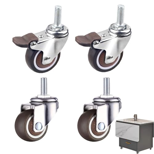 4 Stück Rollen mit Gewinde M8, 360° Lenkrollen M8 X 15 mm, Möbelrollen Mit Bremse Klein, Rutschfeste Gummirollen Möbelrollen Gewinde M8 Tragfähigkeit 40Kg 2 Bremsen+2 Ohne Bremsen für Geräte und Möbel