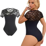 ohyeahlady Trachten Body Damen Schwarz Große Größen Kurzarmbody mit spitzenärmel Sexy Spitze Elegant Bluse Outfit für Mollige Damen Stringbody Curvy Unterziehbody Oberteil Tops Übergroße Schwarz,XXL