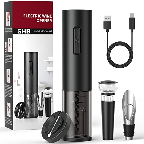 GHB Korkenzieher Elektrisch 4-in-1 Weinöffner Set mit USB-Ladekabel Folienschneider Weinausgießer und Vakuumverschluss Geschenkidee für Weinliebhaber