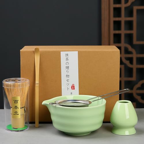 5-teiliges Matcha Set mit Matcha Besen und Zubehör – Matcha Tee Set inklusive Matcha Sieb Matcha Besen Halter Bambus Matcha Löffel und Matcha Schale – Perfekt für Matcha-Liebhaber Hellgrün