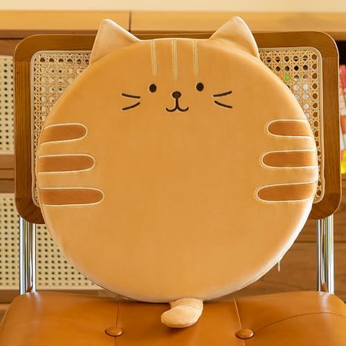 champracer Runde Stuhlkissen Kinder,Cartoon Rundes Kissen， Stuhlkissen Dickes Stuhlkissen ，40cm Memory Foam Sitzkissen Stuhl Sitzpolster mit Abnehmbarer Bezug, Cartoon Tier Sitzauflage (Braune Katze)