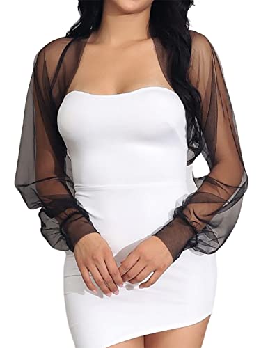 Handcess Damen Bolero Achselzucken Chiffon Langarm Bolero Jacke Tops Tüll Sheer Open Front Strickjacke Cardigan für Abendkleid und Hochzeit (DE/NL/SE/PL, Alphanumerisch, L, Regular, Regular, Schwarz)