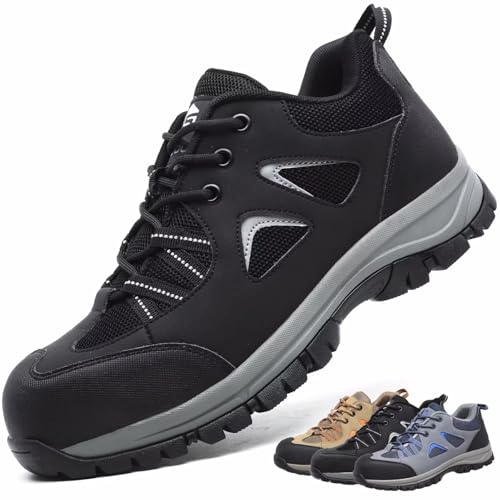 CYKYGGO Arbeitsschuhe Herren Sicherheitsschuhe Damen Leicht Atmungsaktiv rutschfeste Anti Smashing Stahlkappenschuhe Schwarz 45
