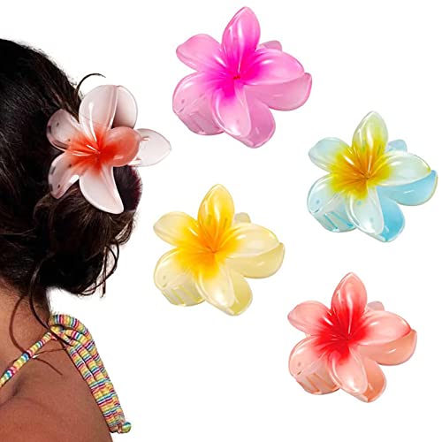 YIHECWY Haarklammern mit Plumeria-Blumen-Motiv, Acryl, hawaiianische Haarklammern für mitteldickes Haar, Damen und Mädchen, Hawaii-Haarschmuck (4 Farben), 4 Stück