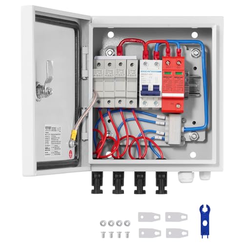 VEVOR PV-Combiner-Box, 4-String, Solar-Combiner-Box mit 15 A Nennstromsicherung, 63 A Leistungsschalter, Blitzableiter und Solaranschluss, Stahlgehäuse für On-/Off-Grid-Solarpanelsystem, IP65