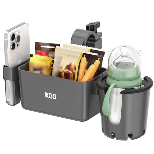 KDD Getränkehalter Kinderwagen mit Snack Tablett, 3-in-1 Universal Becherhalter Kinderwagen mit Handyhalterung, Abnehmbarer Flaschenhalter, 360°Drehung für ABC Design Cybex Rollstuhl Fahrrad Rollator