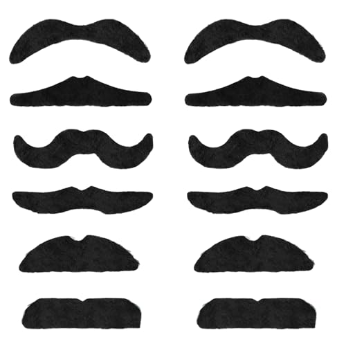 12 Stück Schnurrbart zum Ankleben,Schwarze Schnauzer,Fake Bart zum Ankleben Realistisch,80er Falscher Bart,Kostüm Schnurbart Kleben für Weihnachtsfeier Geburtstag Partei Damen Herren,Moustache,Beard
