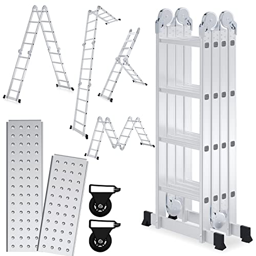 Ansobea 4.7M Aluminium Mehrzweckleiter 4x4 Stufen, Multifunktionsleiter mit plattform, Leiter mit 2 Gerüstplatten, Trittleiter bis 150 kg, Klappleiter 16 Stufen, Silber