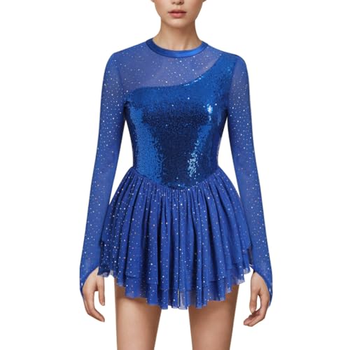 FYMNSI Damen Eiskunstlauf Kleid Glitzer Pailletten Langarm Ballettkleid Ballettkleidung Gymnastik Leotard Turnanzug Tanzkost�m Eiskunstlaufkleid Eislaufen Skating Kleider Gymnastikanzug K�nigsblau XS