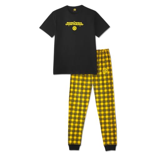 Borussia Dortmund BVB Schlafanzug Karo, Amazon exklusiv, Kurzarm Shirt, Lange Hose, schwarzgelb, 100% Baumwolle, Gr. XXL