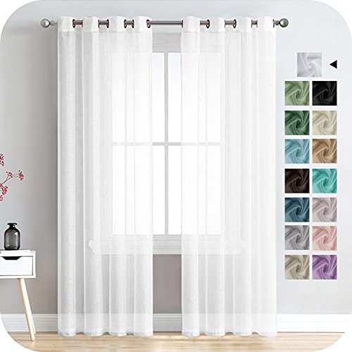 MRTREES Voile Gardinen Vorhang halbtransparent kurz mit Ösen in Leinenoptik Stores Gardinen Schals für Wohnzimmer Schlafzimmer Kinderzimmer Weiß 225×140cm (H×B) 2er Set