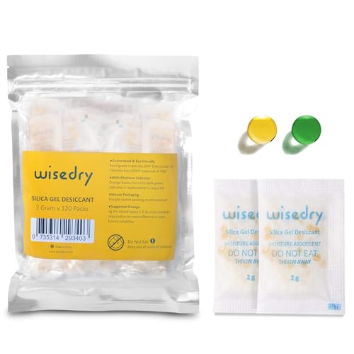 wisedry 2g x 120 Packungen Silicagel Beutel Trockenmittel Lebensmittelqualität Kieselgel Trockenmittelbeutel Feuchtigkeitsabsorber Farbe Indecator