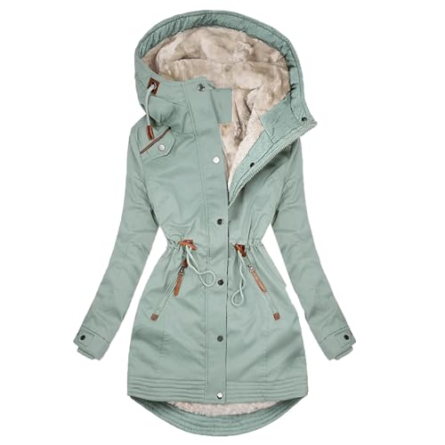 EMATOP Steppjacke Damen Lang Warmer Winterjacke Gefüttert Fleece Daunenjacke Baumwolle Elegant Pufferjacke Langarm Casual Fleecejacke mit Kapuze Wintermantel Winter Outdoor Trachtenjacke