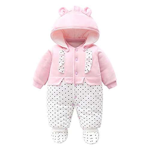 Baby Mädchen Strampler Winter Schneeanzug mit Kapuze Overall Baumwolle Abnehmbarer Hut Outfits Langarm Rosa Jumpsuit Geschenk 3-6 Monate