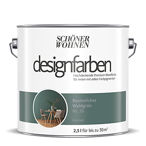 Schöner Wohnen designfarben feinmatte Wandfarbe für innen 2,5 Liter mit go/on Rollen-Set 5-tlg (Nr 26 Besinnliches Waldgrün)