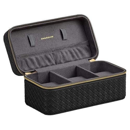 SONGMICS HOME Uhrenbox unterwegs, Etui für 3 Uhren, PU im Flechtlook, 10 x 20 x 9 cm, Geschenkidee, RONNE Kollektion, Bezug in Schwarz, Innenfutter in Schiefergrau JWB017G01