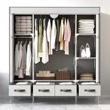 Anmas Power Kleiderschrank,Schlafzimmer Stoffschrank,Kleiderstander mit Schubladen,Faltbar Garderobe mit 2 Kleiderstange 150 x 45 x 170 cm （Grayish-White）