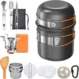 Onherm 15-teiliges Camping Geschirr Set, Faltbar Camping Kochgeschirr Set, Camping Töpfe Bratpfanne mit Edelstahl Besteck Trinkbecher Mini Campingkocher für Wandern Outdoor Kochen Picnick 1-2 Person