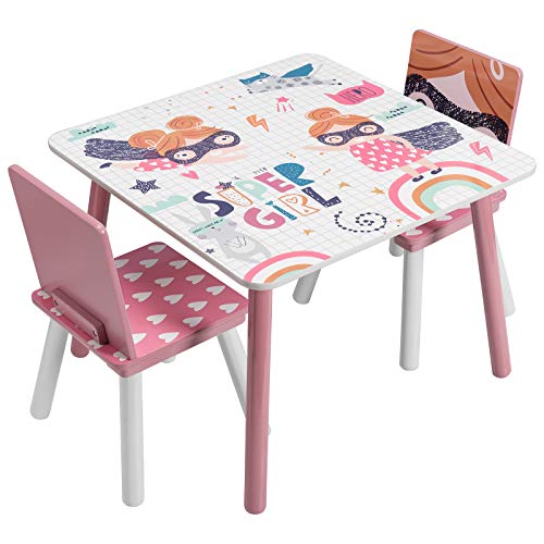 EUGAD 0006ETZY Kindersitzgruppe 1 Kindertisch und 2 Kinderstühle, 3tlg. Kindermöbel Sitzgarnitur für Kinder aus MDF Massivholz Rosa