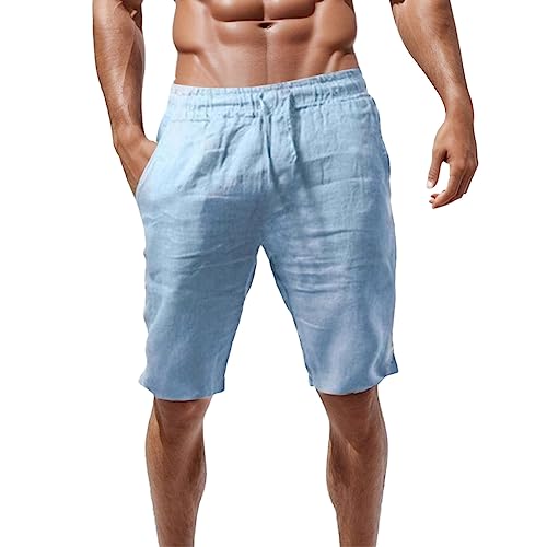 Mymyguoe Kurze Hosen Herren 3/4 Leinen Shorts Baumwolle Capri Shorts Sommer Leinenhose Lässige Männer Strandhose Freizeithose Sommershorts mit Tunnelzug Joggingshort