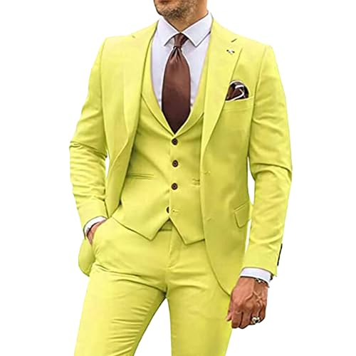 Herren 3 Stück Casual Tuxedo Anzüge Kerbe Revers Slim Business Anzug Set Hochzeit Prom Party Blazer Jacke Weste Hose (Gelb,M)